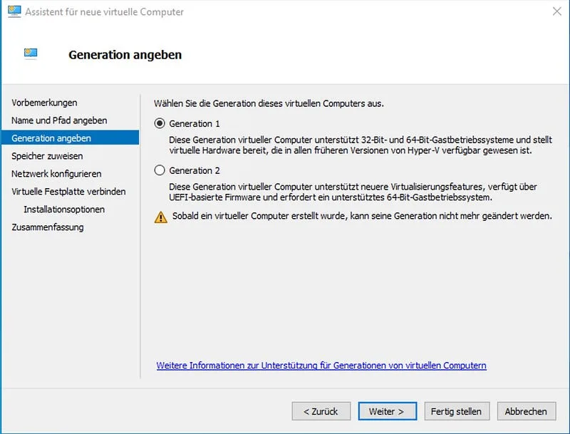 Select Generation 1 for your VM