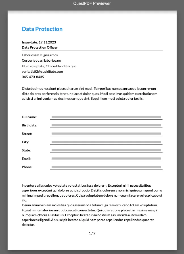 The QuestPDF.Previewer with the Document we will create